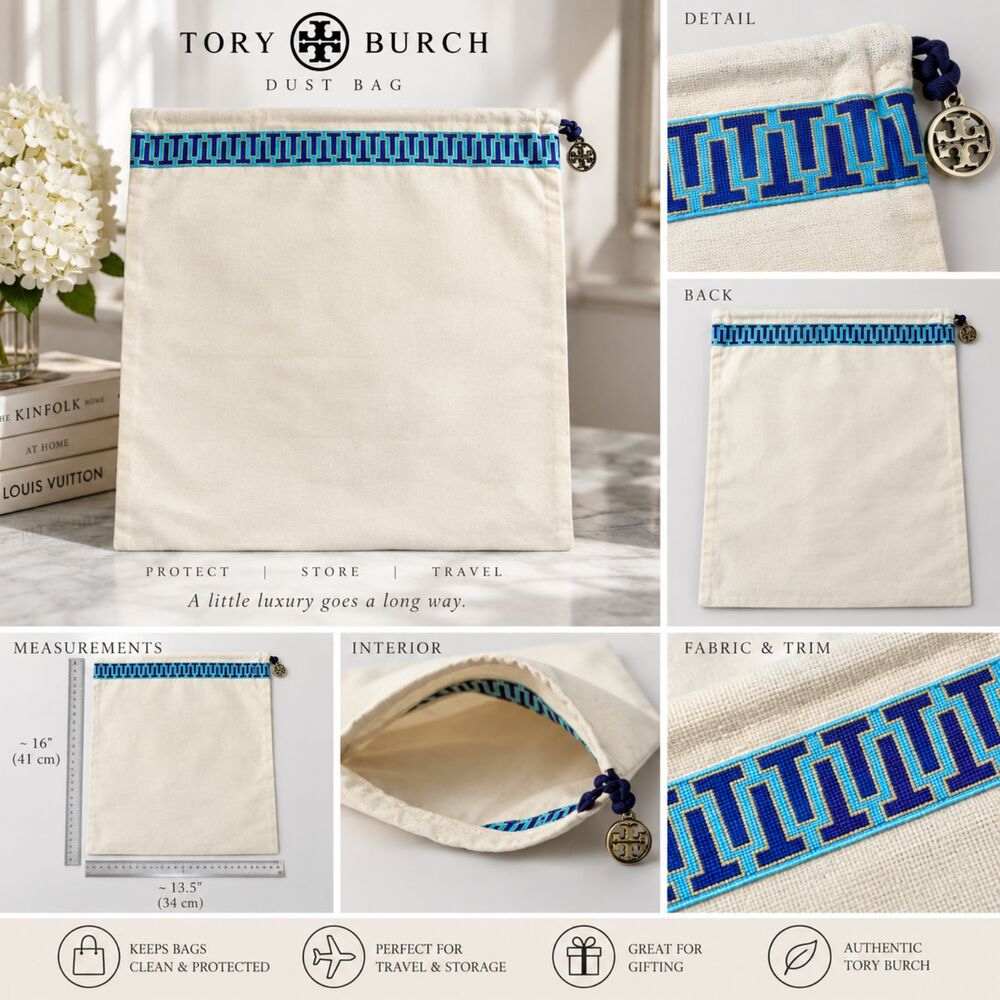 Tory Burch Large Dust Bag Cream Canvas Blue Green Logo Trim Drawstring 12x15